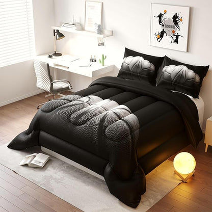 Basketball Comforter Set, Black Pattern for Kids Teens Adults,Decorative Bedding Comforter Sets with 2 Pillow Shams, Full Size