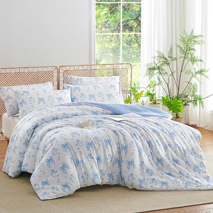 Blue Bow Comforter Set Twin 2Pcs Blue Floral Bedding Set for Girls Kids Romantic Princess Style Bowknot Bedding Ultra Soft Reversible Garden Flower Comforter Sets with 1 Pillowcase