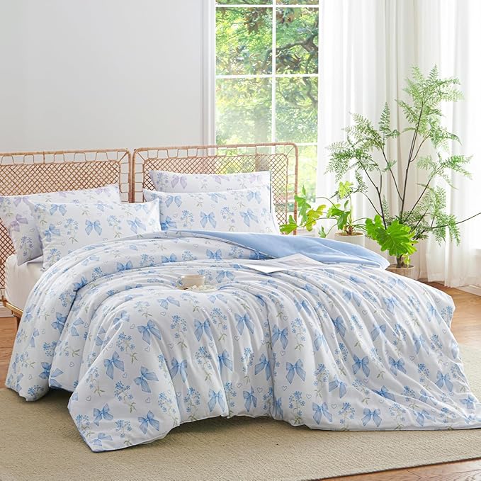 Blue Bow Comforter Set Full 3Pcs Blue Floral Bedding Set for Girls Kids Romantic Princess Style Bowknot Bedding Ultra Soft Reversible Garden Flower Comforter Sets with 2 Pillowcases