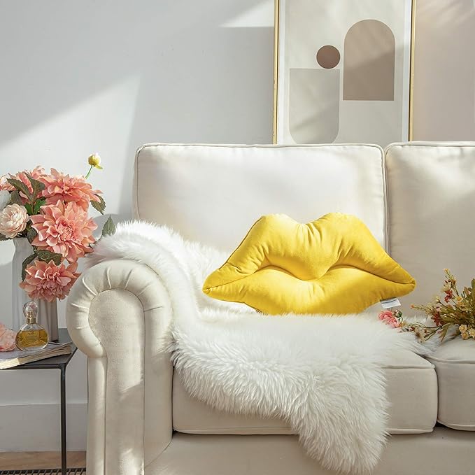 Ashler Lips Throw Pillows Smooth Soft Velvet Insert Included Cushion for Couch Bed Living Room, Yellow, 24 X 12 inches