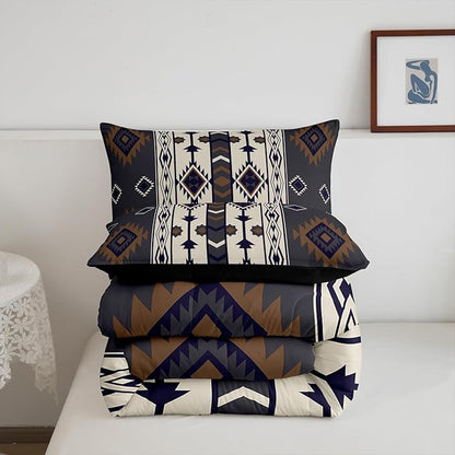 Erosebridal Aztec Geometric Comforter Set Queen,Vintage Western Boho Bedding Set Southwestern Ethnic Tribal Bedding Comforter Sets for Kids Boys Adults Men American Native Quilt Duvet Black Brown