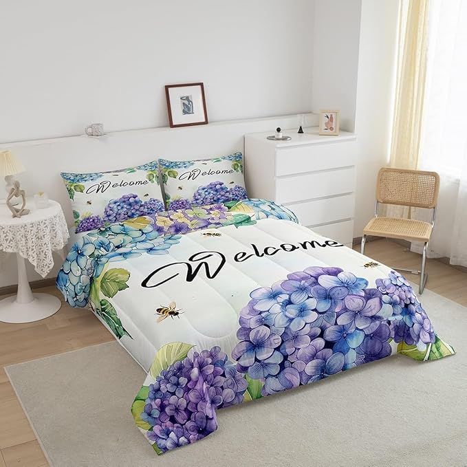 Erosebridal Girls Hydrangea Comforter Set Queen Purple Teal Blue Flowers Bedding Set Farmhouse Floral Bedding Comforter Sets for Kids Adults Women Spring Garden Nature Botanical Quilt Duvet