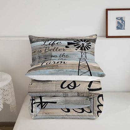 Country Farm Bedding Set Queen For Kids Boys Girls,Windmill Silhouette Quilt Comforter Rustic Farmhouse Comforter Set Patchwork Blue Grey Brown Barn Door Duvet Insert Western Room Decor 2 Pillow Cases
