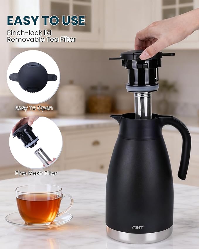 GiNT 74oz Thermal Coffee Carafe with Infuser – Insulated Tea Carafe, Removable Filter, Dishwasher-Safe | 2.2L 10+ Cups, Leak-Proof Seal & Pinch-Release | Stainless Steel for Office & Events