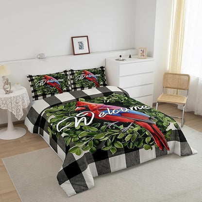 Erosebridal Red Cardinal Comforter Garden Botanical Plant Bedding Set Queen Rustic Farmhouse Black White Buffalo Plaid Comforter Set for Kids Adults Nature Country Quilt Duvet Soft Lightweight