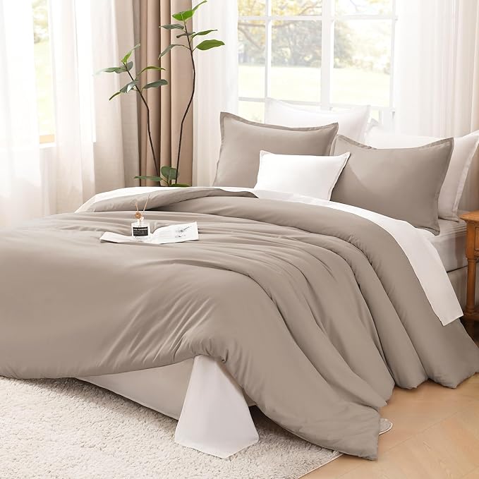 Litanika Light Coffee Twin/Twin XL Comforter Set, 2 Pieces Lightweight Solid Bedding Set, All Season Fluffy Bed Set (66x90In Comforter & 1 Pillowcase)