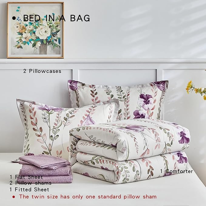 AIKASY Bed in a Bag 6-Piece Twin Comforter Set - Soft Microfiber Bedding with Elegant Floral, Lightweight and Breathable for All-Season (Regal Purple)