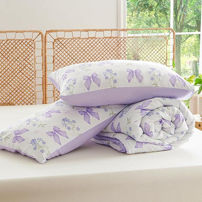 Purple Bow Comforter Set Twin 2 Pieces Floral Bedding Set for Girls Kids, Romantic Princess Style Bowknot Bedding, Ultra Soft Microfiber Garden Flower Comforter Sets with 1 Pillowcase