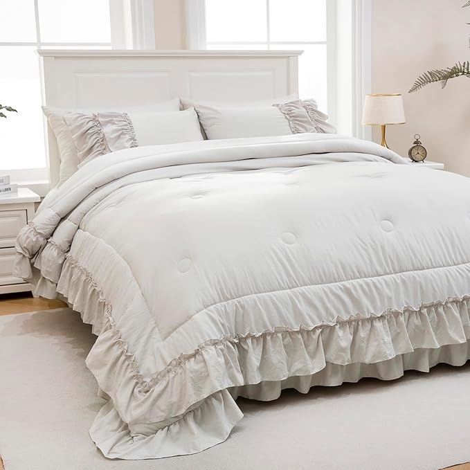 Beige Comfrter Set Queen Size Boho Bedding Comforter Shabby Chic 2 Layers Ruffles Home Decor Farmhouse Bedding Bohemian Bed Comforter