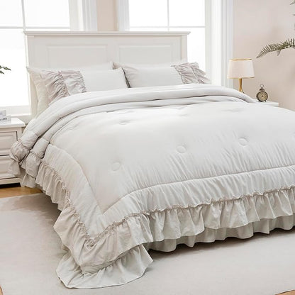 Beige Comfrter Set Queen Size Boho Bedding Comforter Shabby Chic 2 Layers Ruffles Home Decor Farmhouse Bedding Bohemian Bed Comforter
