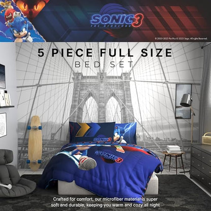 Franco Sonic The Hedgehog 3 Movie Kids Bedding Super Soft Comforter and Sheet Set, 5 Piece Full Size, (Officially Licensed Product) | Durable, Reversible, Officially Licensed