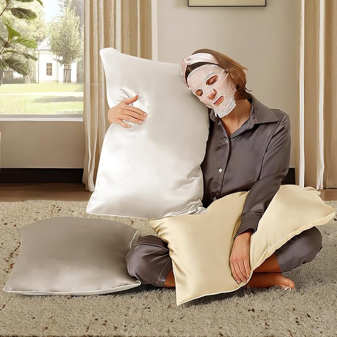 BHZ Beige Satin Goose Down Feather Pillows King Size with Pillowcase for Hair and Skin, Cooling Pillow Cases Similar to Silk Pillow Cases, Decorative for Women, Mom Men