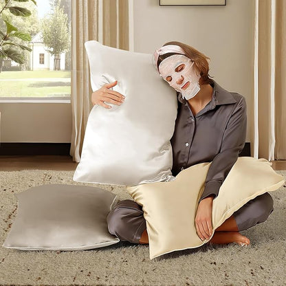 BHZ Grey Satin Goose Down Feather Pillows Standard Size with Pillowcase for Hair and Skin, Cooling Pillow Cases Similar to Silk Pillow Cases, Decorative for Women, Mom Men