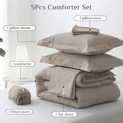 JOLLYVOGUE Twin Comforter Set, Ultra-Soft Bed in a Bag Twin Size 5 Pieces, Oeko-TEX Certified Bedding Set with Down Alternative Comforter, Sheets, Pillowcases & Shams, Khaki