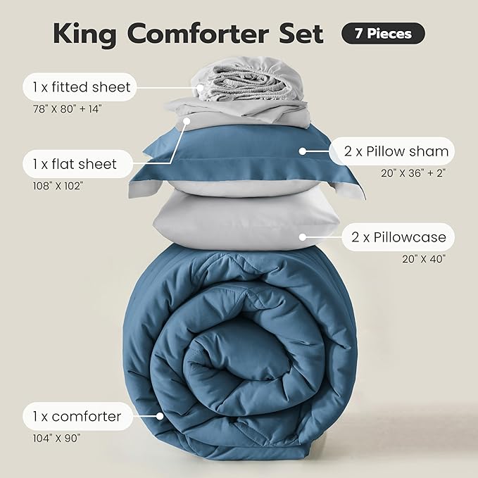 JOIEDOMI King Size Comforter Set with Sheets Blue, 7 Pieces King Bedding Set with 1 Down Alternative Comforter, 1 Flat Sheet, 1 Fitted Sheet, 2 Pillowcases and 2 Pillow Shams, Bed in a Bag All Seasons