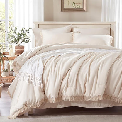 Anluoer Queen Boho Comforter Set 7 Piece with Tassel Lightweight Soft Fringe Bedding Sets with 1 Comforter, 2 PillowShams, 2 Pillowcases, 1 Flat Sheet, 1 Fitted Sheet in Beige