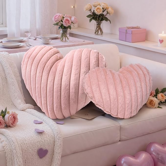 Lanpn Valentines Day Heart Pillows 2Pcs, Love Heart Shaped Pillow Soft Faux Fur Throw Pillow Plush Heart Decorative Cushion for Couch Bed Sofa Valentine Day Decor (Pink, 16.5x12in/14x10.5in)