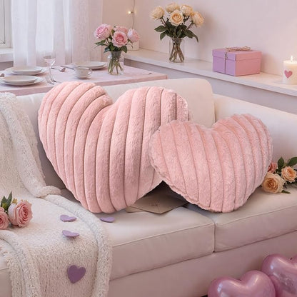 Lanpn Valentines Day Heart Pillows 2Pcs, Love Heart Shaped Pillow Soft Faux Fur Throw Pillow Plush Heart Decorative Cushion for Couch Bed Sofa Valentine Day Decor (Pink, 16.5x12in/14x10.5in)