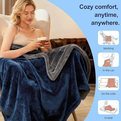 Electric Heated Blanket Throw 50''x60'' – Soft Dual-Sided Flannel, 12 Heat Settings, Smart Timer, ETL & FCC Certified, Machine Washable (Blue & Gray, Single(50"x60"))