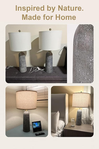 BOBOMOMO 27.25" Modern Table Lamp Set of 2, Gray Resin Lamp with Natural Stone Look, Lamps for Living Room with Linen Shades, Nightstand Lamp for Bedroom, Living Room, Entryway