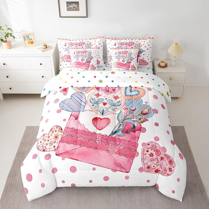 Feelyou Girls Like Cartoon Cute 7 Piece Bedding Set Queen Size Heart-Shaped Design Bed in a Bag for Adult Pink Envelope Comforter Set with Sheets Pink Polka Dot Room Decor Romantic Bed Set
