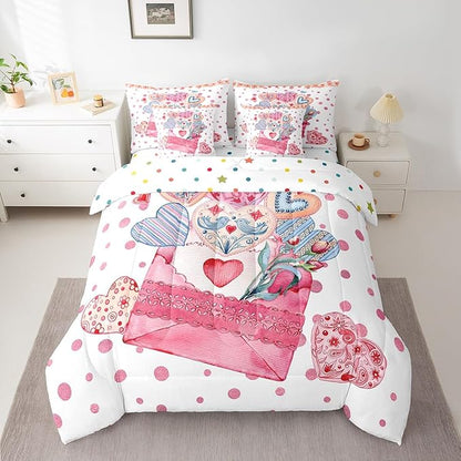 Feelyou Girls Like Cartoon Cute 7 Piece Bedding Set Queen Size Heart-Shaped Design Bed in a Bag for Adult Pink Envelope Comforter Set with Sheets Pink Polka Dot Room Decor Romantic Bed Set