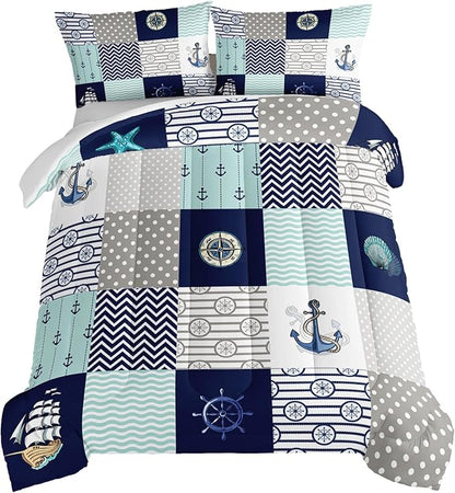 HOSIMA Nautical Comforter Set Full,Plaid Patchwork Ocean Themed Bedding Sailboat and Anchor Print Kids Bedding Set for Boys Adult Kids Girls,Navy Blue Comforter Full Size with 2 Pillow Shams.
