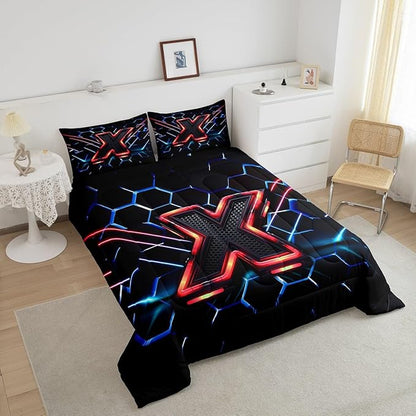 Manfei Geometric Honeycomb Kids Comforter Set Full Size,Blue Neon Hexagon Abstract Bedding Set for Boys Girls Man Room Decor,Light Gaming Fashion Down Comforter,Red Black Duvet Insert,2 Pillowcases
