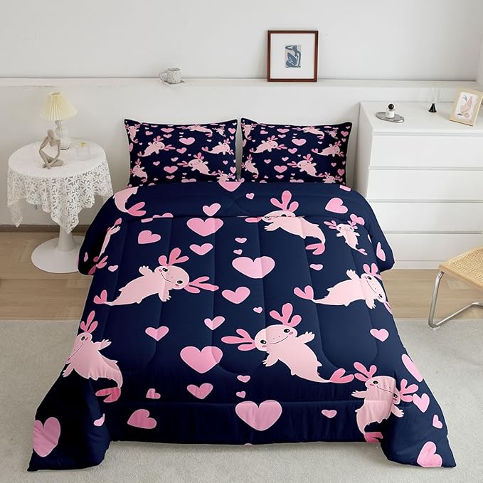 Feelyou Axolotl Comforter Set Full Size Heart Comforter for Boys Girls Teens Cute Axolotl Bedding Set Cartoon Salamander Duvet Set Room Decor Navy Blue Pink Quilt Set