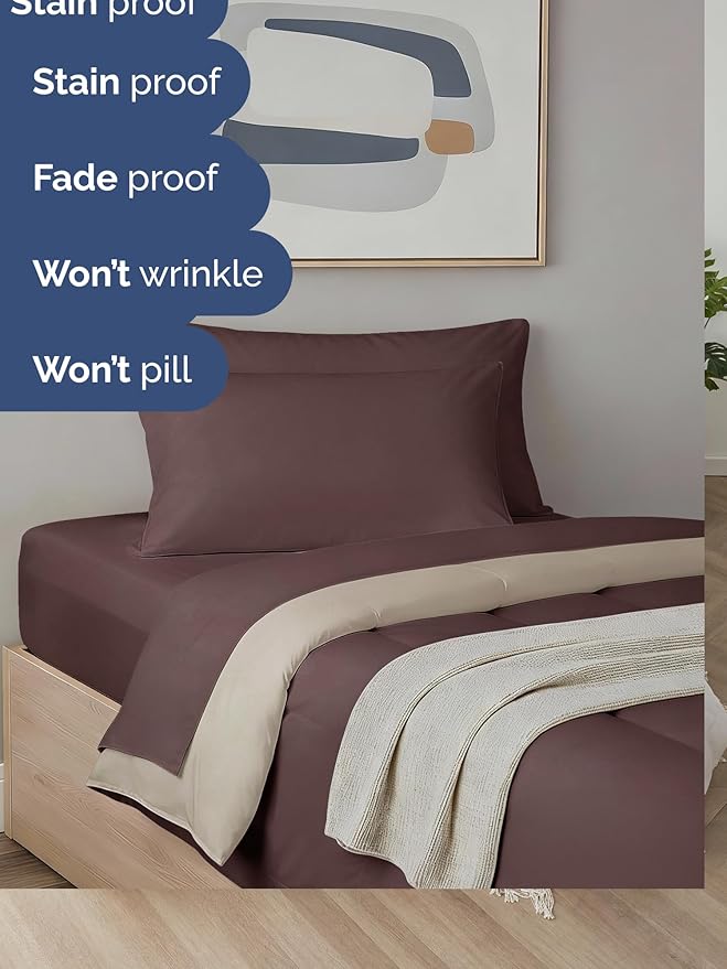 Twin XL Comforter Set - 5 Piece Bed in a Bag Twin XL Size Bed Set - Down Alternative Comforter, Flat Sheet, Fitted Sheet, Pillowcase & Sham for All Seasons - Soft, Comfy and Breathable - Brown/Beige