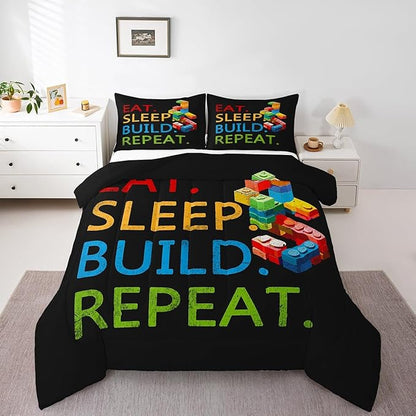 Feelyou Colorful Toy Bedding Set Teen Women Men Funny Building Blocks Decoration Comforter Set Toddler Size Kids Boys Girls Cute Games Duvet Insert Colorful Geometric Brick Room Decor