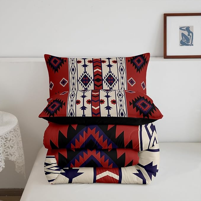 Erosebridal Western Boho Bedding Sets Toddler Vintage Red Brown Aztec Quilt Set American Native Southwestern Comforter Set for Boys Adults Men,Southwest Ethnic Tribal Geometric Diamond Bed Duvet Set