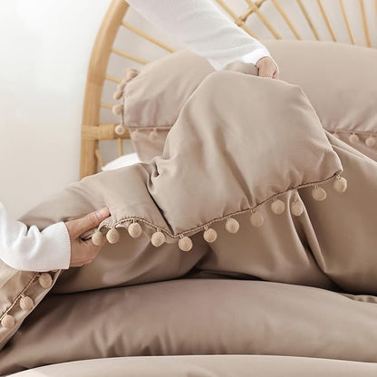 YIRDDEO King Size Comforter Set - King Size Comforter with Ball Pom Fringe, Soft King Bedding Set for All Seasons - 3 Pieces, 1 Comforter (104"x90"inches) & 2 Pillow Shams(20"x36"), Taupe