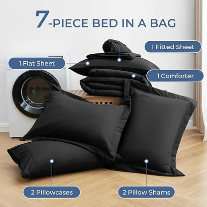 Sasttie California King Comforter Set Black, 7 Pieces Cal King Bed in a Bag, Complete Bedding Set Includes Comforter, Flat Sheet, Fitted Sheet, Pillowcases and Pillow Shams, Black