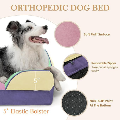 Comfort Expression Orthopedic Dog Bed for Large Dogs 36x27 Inch, Waterproof Egg Crate Foam Large Pet Bed with Removable Bolsters, Dog Couch with Washable Cover & Non-Slip Bottom, Frosted Grape