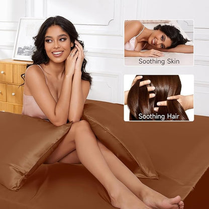 THXSILK Luxury Mulberry Silk Bed Sheets Set - 4pcs Silk Sheets Set 16" Deep Pocket - 1 Fitted Sheet, 1 Flat Sheet, 2 Pillowcases with Zipper Closure - Full, Brown