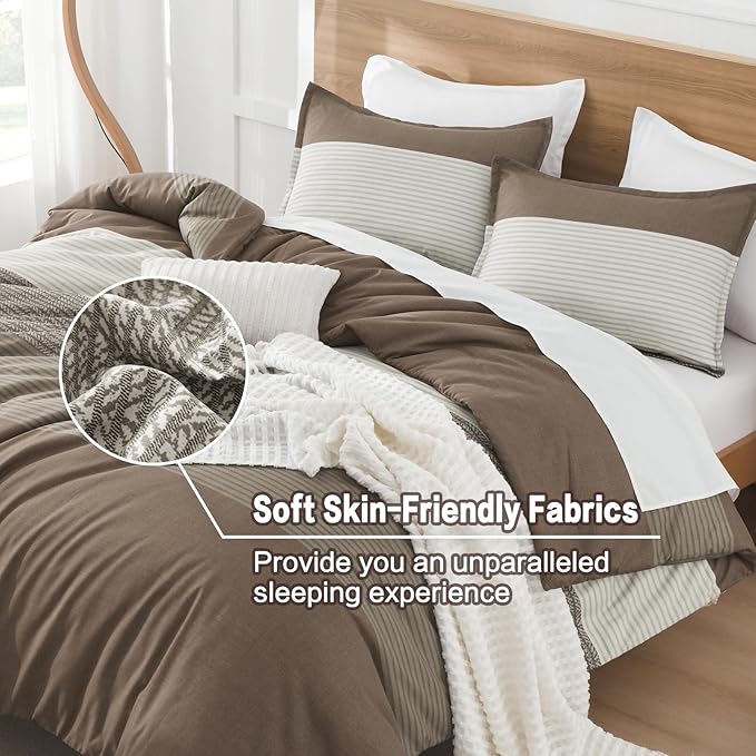 Litanika Comforter Set King Size Coffee - 3 Pieces Lightweight Colorblock Stripe Fluffy Bedding Comforter Sets, All Season Bed Set