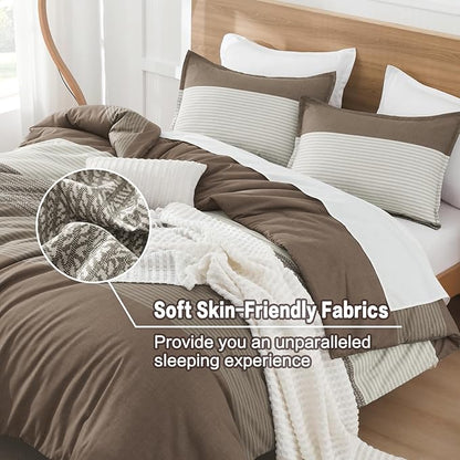 Litanika Comforter Set Queen Size Coffee - 3 Pieces Lightweight Colorblock Stripe Fluffy Bedding Comforter Sets, All Season Bed Set