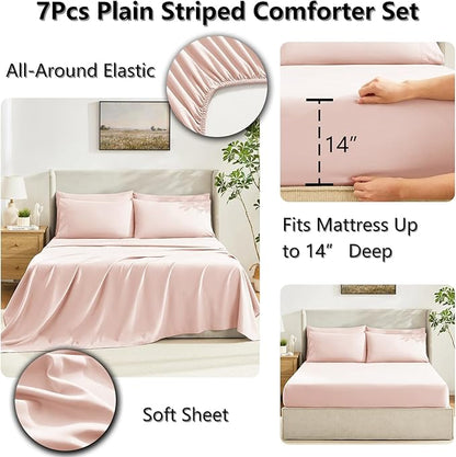 CozyLux King Size Comforter Set Blush Pink, 7 Pieces Bed in a Bag, Pink Comforter King Size, All Season Bedding Sets with Stitch Quilted Comforter, Flat Sheet, Fitted Sheet, Pillowcases