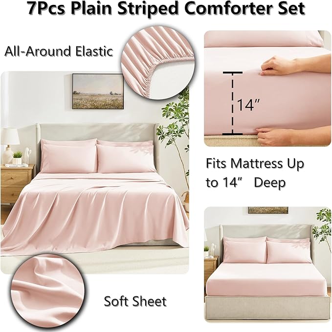 CozyLux Queen Comforter Set Blush Pink, 7 Pieces Bed in a Bag, Pink Comforter Queen Size, All Season Bedding Sets with Stitch Quilted Comforter, Flat Sheet, Fitted Sheet, Pillowcases