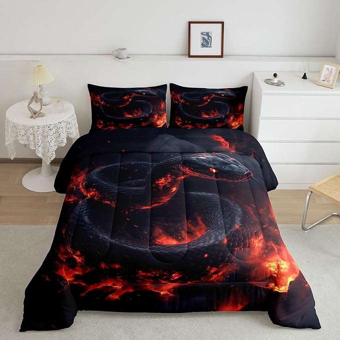 Manfei Snake Kids Comforter Full,Exotic Fire Snake Bedding Set for Girls Youth Bedroom Decor,3D Flame Magma Reversible Quilt Sets,Safari Animal Bedding Comforter Set,Soft Fluffy