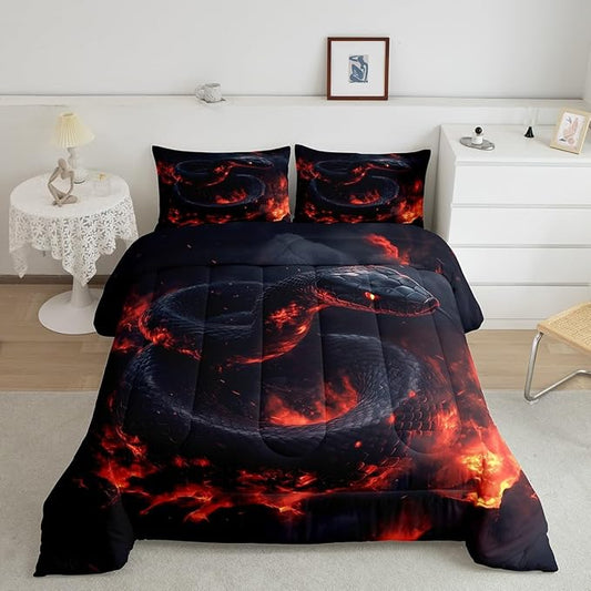 Manfei Snake Kids Comforter Full,Exotic Fire Snake Bedding Set for Girls Youth Bedroom Decor,3D Flame Magma Reversible Quilt Sets,Safari Animal Bedding Comforter Set,Soft Fluffy