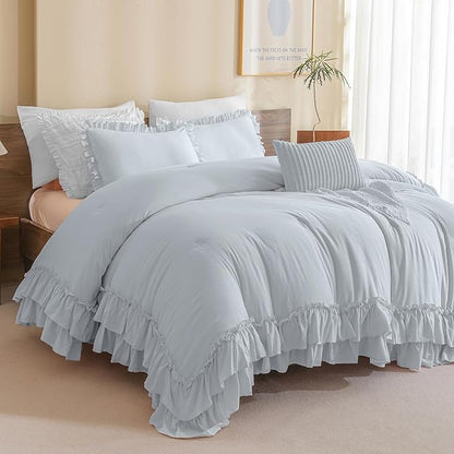 Masaca Twin Comforter with Ruffles,Shabby Boho Chic Ruffled Comforter Set Farmhouse Rustic Twin Bedding Sets 3-Piece（1 Light Blue Comforter and 2 Pillowcases）