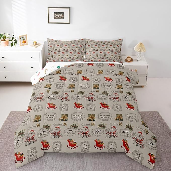 Merry Christmas Bedding Set Full Size,Cartoon Santa Clause Sleigh Print Comforter Set,Vintage Xmas Quilt Set for Kids Boys Girls Adult Room Decor,Khaki and Colorful Reversible Duvet Insert 3Pcs