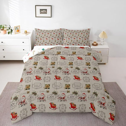 Merry Christmas Bedding Set Full Size,Cartoon Santa Clause Sleigh Print Comforter Set,Vintage Xmas Quilt Set for Kids Boys Girls Adult Room Decor,Khaki and Colorful Reversible Duvet Insert 3Pcs