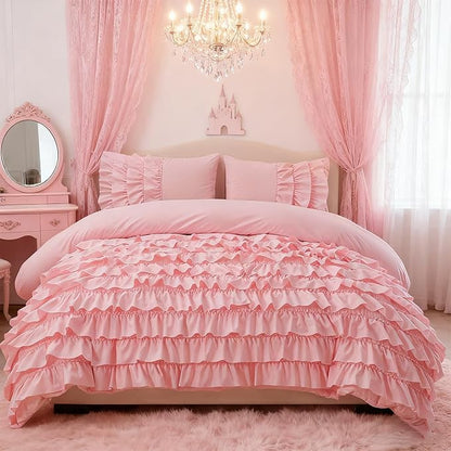 Holawakaka Pink Waterfall Ruffle Comforter Set Full Size Multi-Layers Ruffled Shabby Chic 3PCS Bedding Set for Girls Women