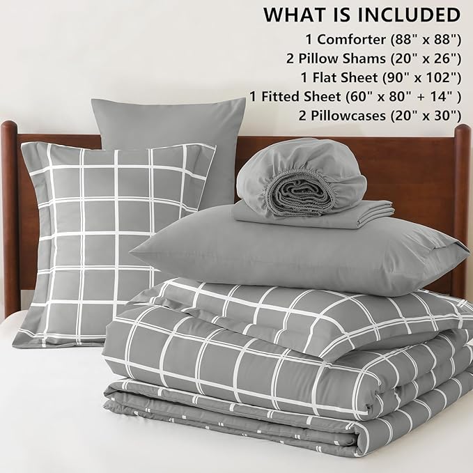 CozyLux Queen Comforter Set with Sheets - 7 Pieces Plaid Bed in a Bag Set Grey, Soft Queen Bedding Sets Bed Set with All Season Quilted Comforter, Flat Sheet, Fitted Sheet, Pillowcases & Pillow Shams