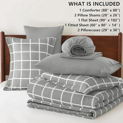 CozyLux Queen Comforter Set with Sheets - 7 Pieces Plaid Bed in a Bag Set Grey, Soft Queen Bedding Sets Bed Set with All Season Quilted Comforter, Flat Sheet, Fitted Sheet, Pillowcases & Pillow Shams