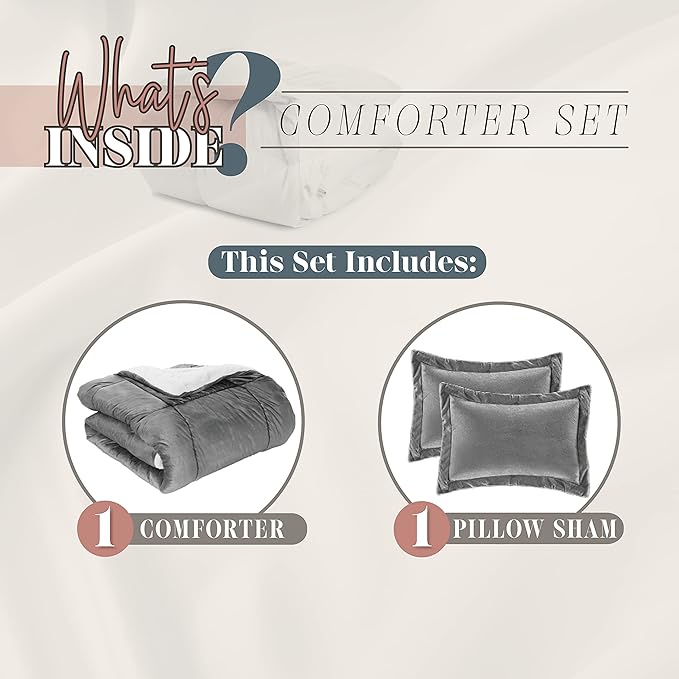 Elegant Comfort Super Soft Sherpa Comforter 2-Piece Set Premium Quality, Heavy Weight Reversible Down Alternative Micro-Suede, Sherpa Comforter, Twin, Silver Gray