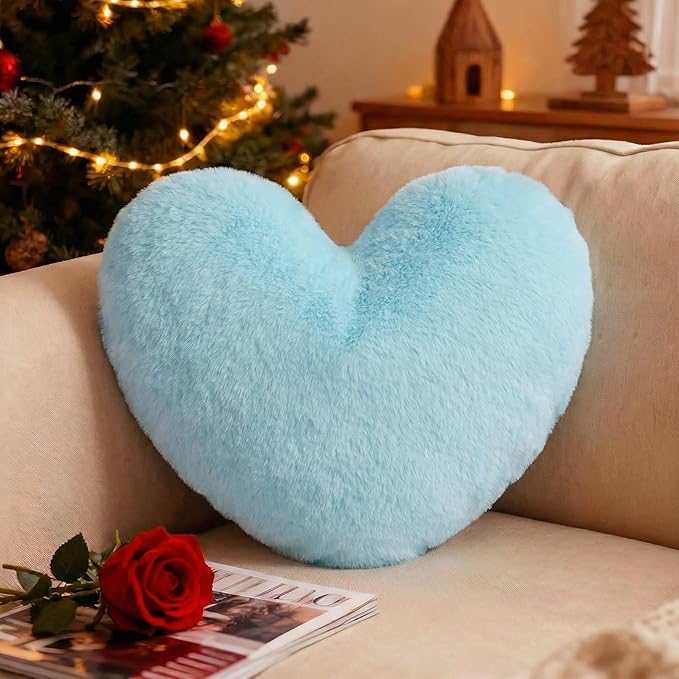 Nydotd Heart Pillows Cute Fuzzy Throw Pillow Blue Love Heart Shaped Decorate Pillows for Bed Livingroom Sofa Gifts Home Decor Cushion Small 11.8" x 10"
